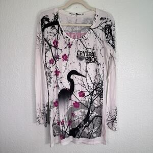 Christian Audigier Crystal Rock Top Womens Large Crane Blossom Y2K Tunic Shirt T